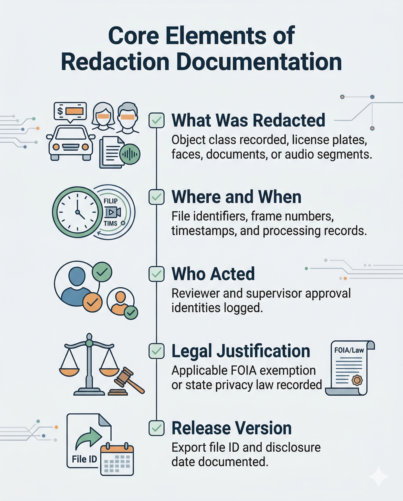 Infographic outlining the five core elements of Sighthound Redactor's redaction documentation: what was redacted, timestamps, reviewer identity, FOIA legal justification, and export release version for compliance audit trails