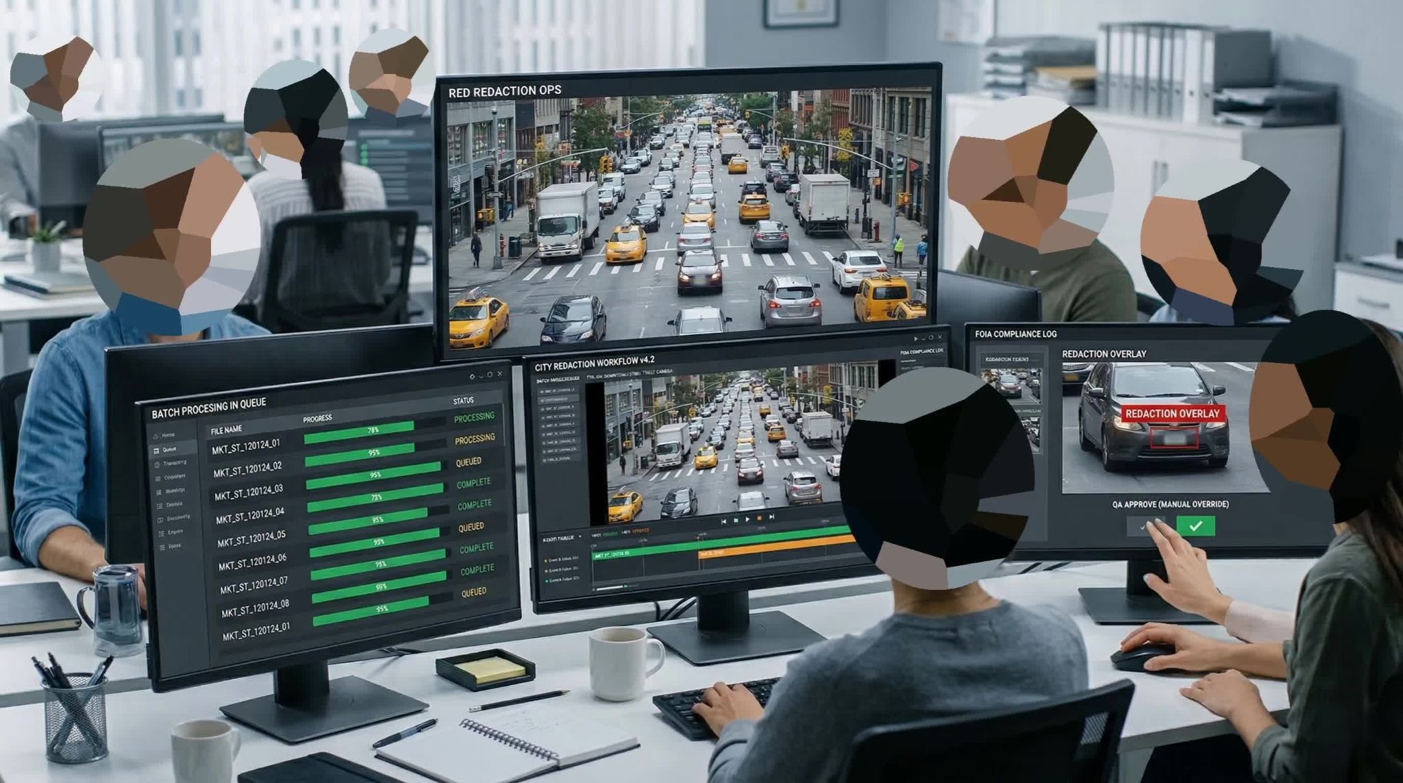 Redaction operations team using Sighthound Redactor to batch process city traffic surveillance footage, with license plate redaction overlay, FOIA compliance log, and QA manual override across multiple monitors