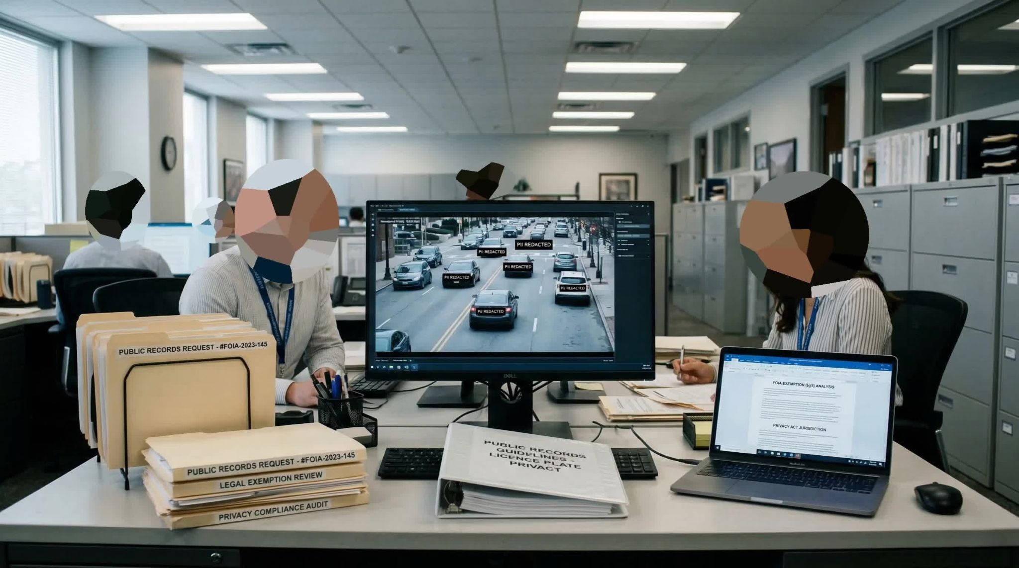 Government clerks using Redactor to auto-redact license plates and PII in traffic surveillance footage, with FOIA public records request files and legal exemption review documents on desk.
