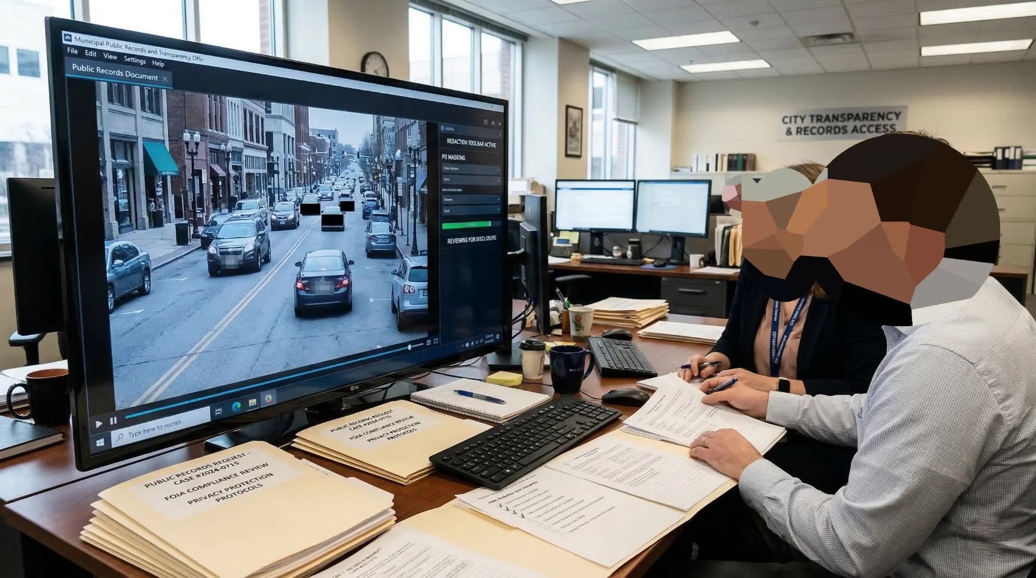 Government records officer using Sighthound Redactor to redact license plates in street surveillance footage for a FOIA public records request in a city transparency and records access office