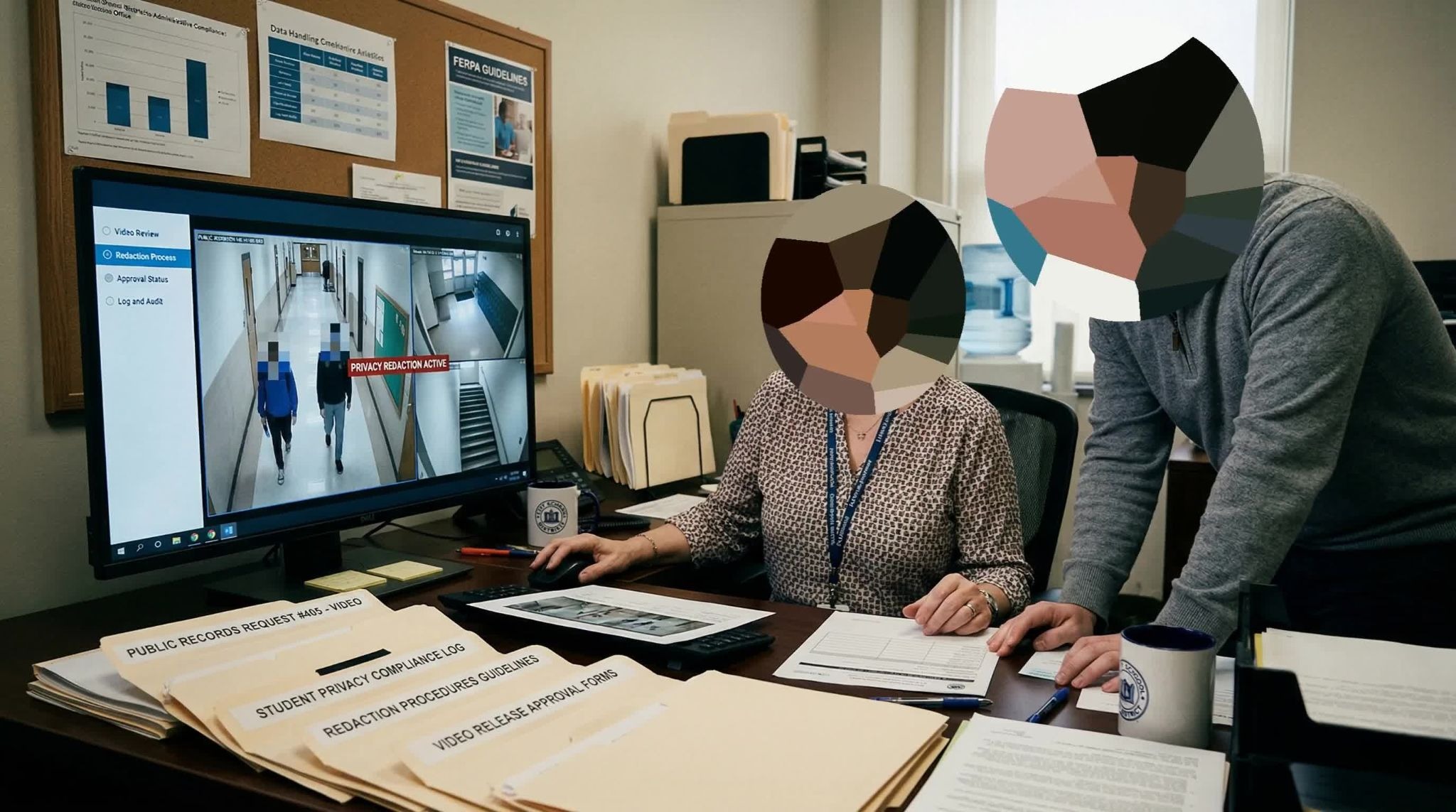 Staff members performing video redaction for a public records request to ensure student privacy and FOIA compliance in an administrative office