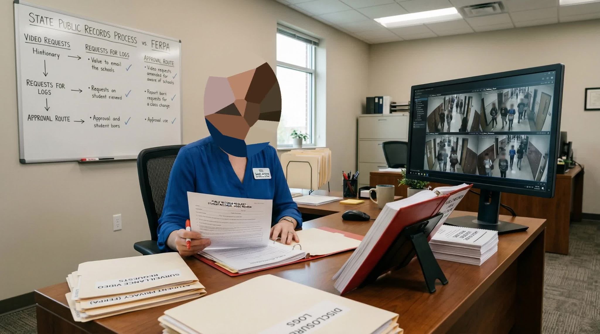 Office setting showing the process for reviewing student records and video redaction for public records compliance.