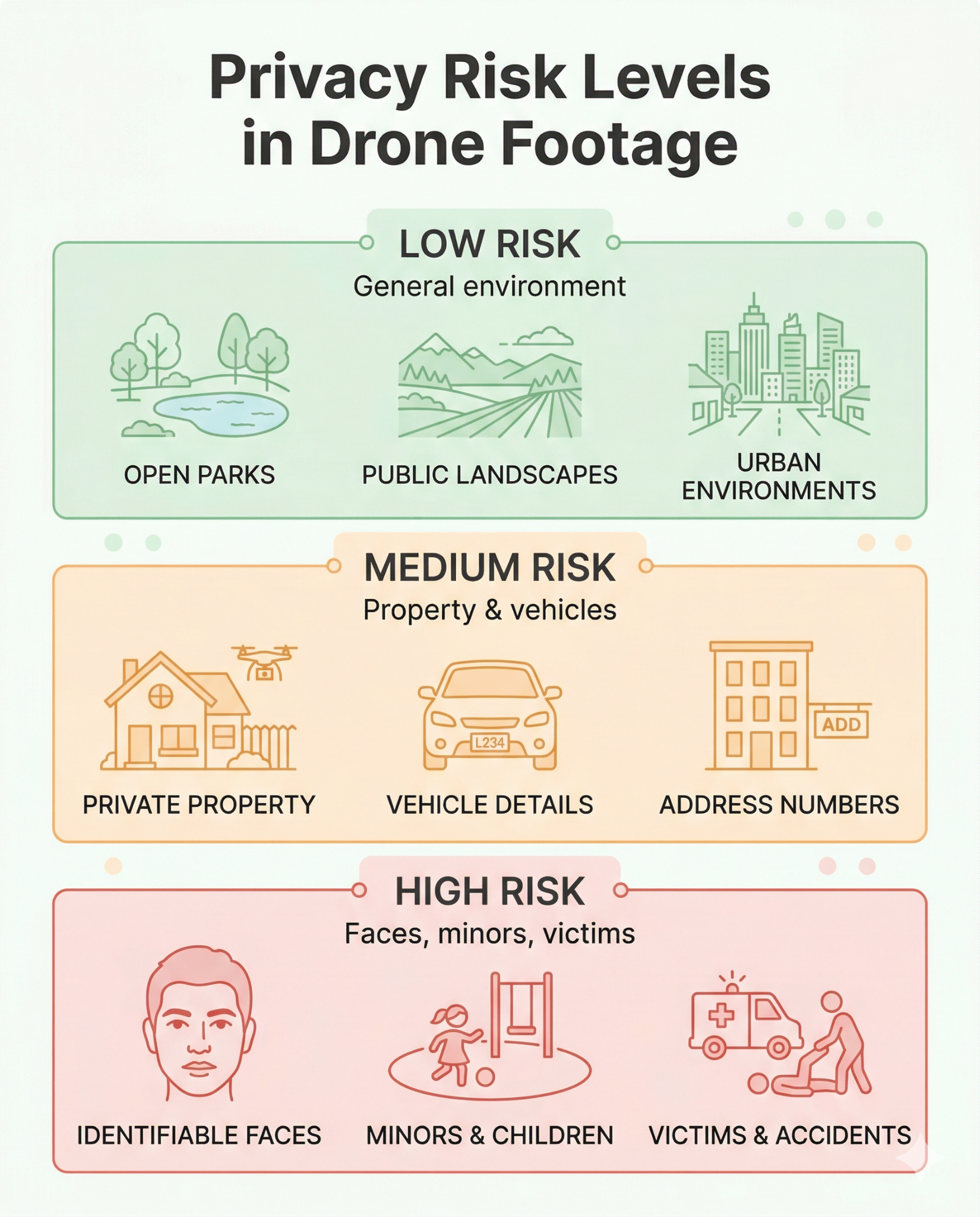 An infographic titled "Privacy Risk Levels in Drone Footage" categorized into three tiers. Low Risk includes open parks, public landscapes, and urban environments. Medium Risk covers private property, vehicle details, and address numbers. High Risk highlights identifiable faces, minors and children, and accident victims.