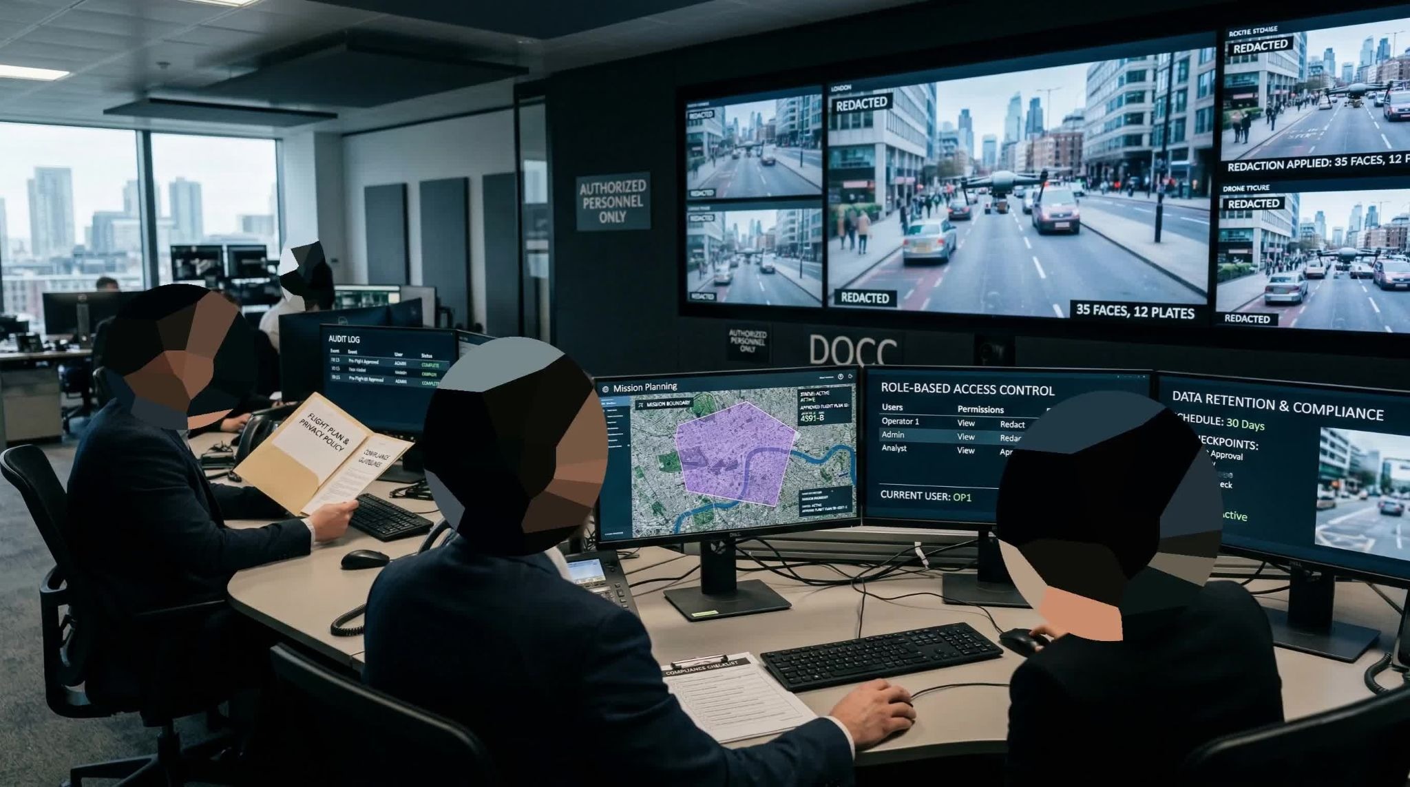 Interior of a Drone Operations Command Center (DOCC) with personnel monitoring multiple screens displaying live aerial feeds, mission planning maps, and data retention compliance dashboards. The operators' faces are blurred for privacy.