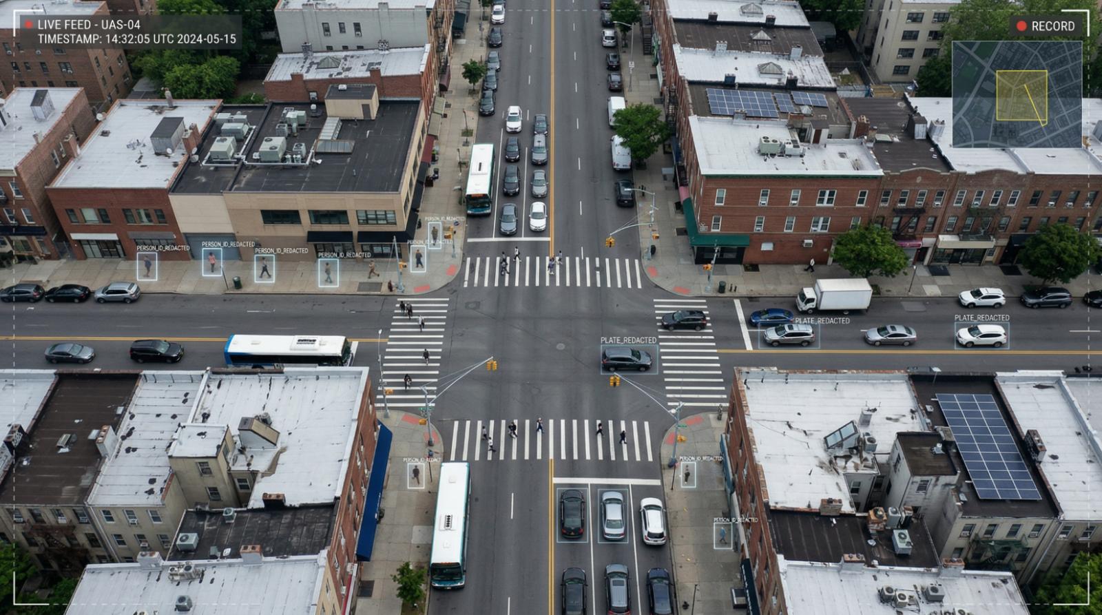 High-angle aerial view of a busy city intersection featuring a digital HUD (Heads-Up Display) with "Person ID Redacted" and "Plate Redacted" labels over pedestrians and vehicles, illustrating AI privacy masking.