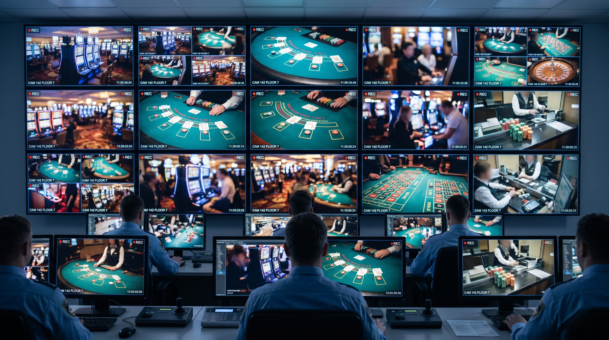 Casino security team monitoring multiple live video feeds of gambling floors and gaming tables from a central surveillance command center