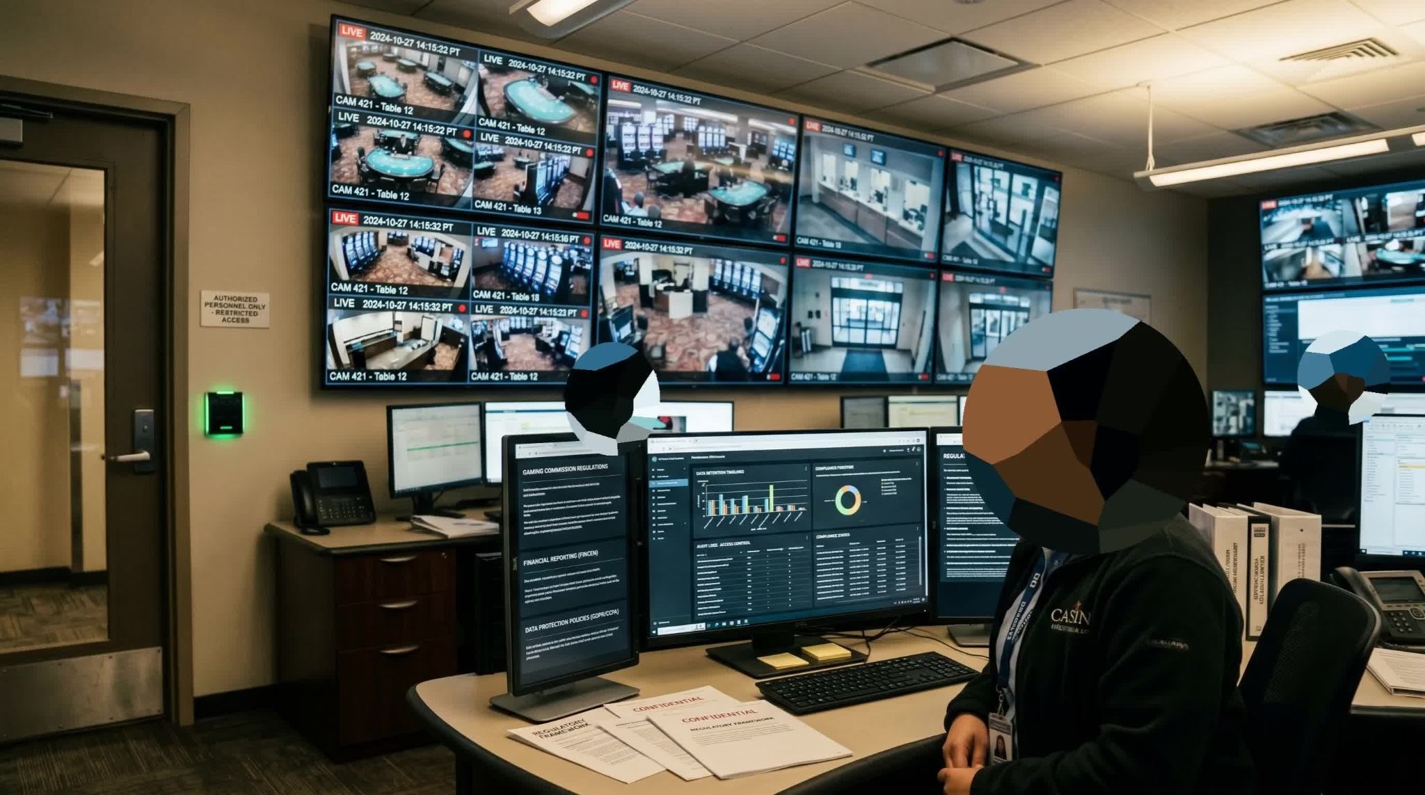 Back-end casino surveillance station showing integrated security software, data visualization charts, and live video monitoring of casino operations
