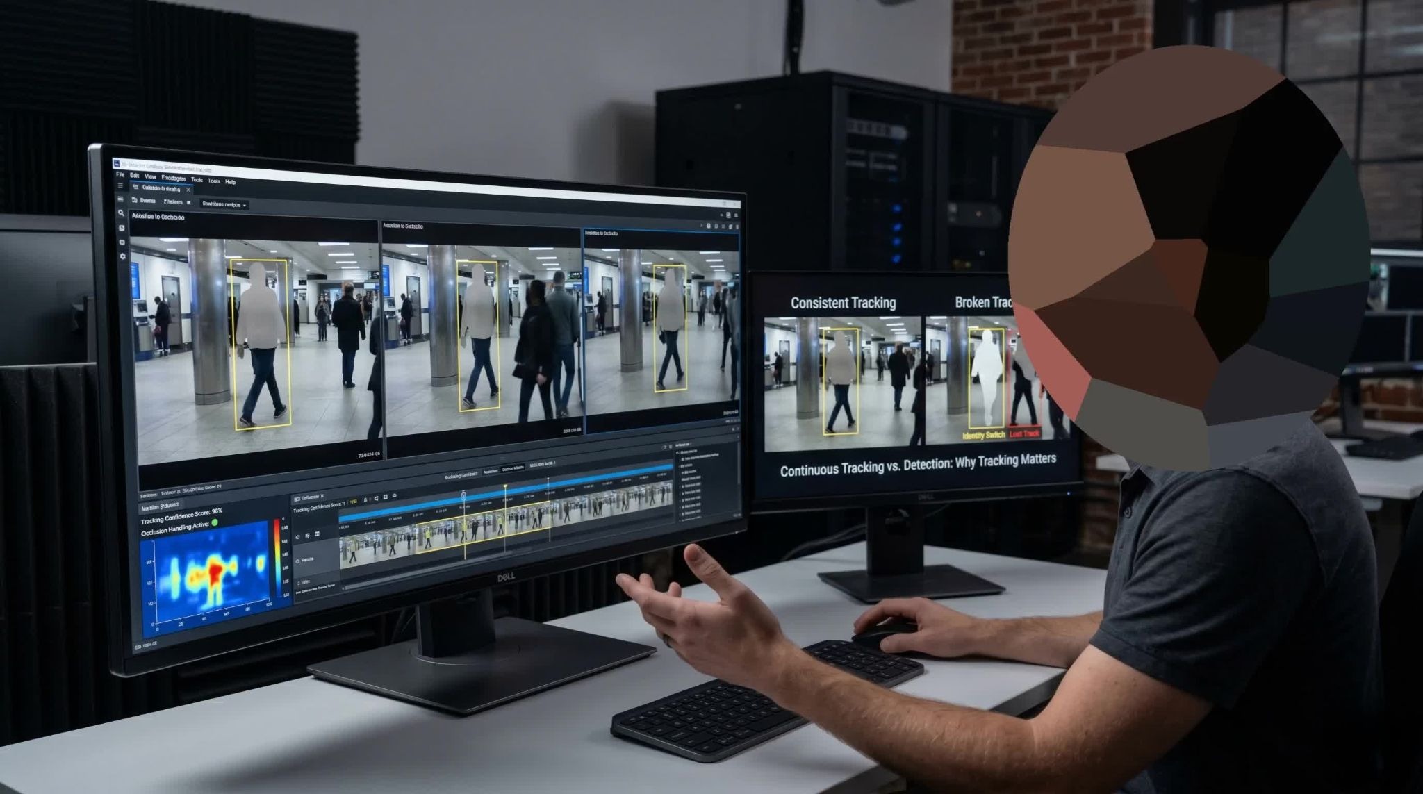A technician reviewing AI tracking analytics and 'Continuous Tracking vs. Detection' comparisons on dual monitorsThis is why redaction tools are not just detection engines. They are tracking systems first.