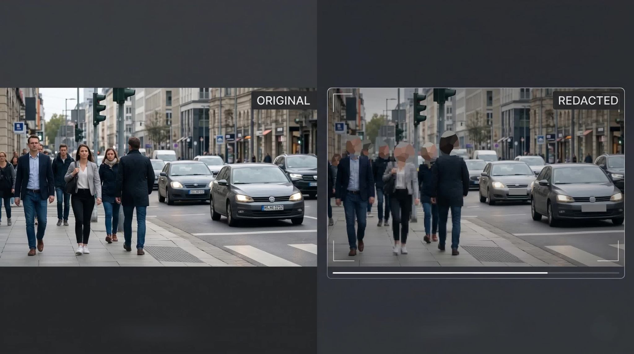 A side-by-side before and after comparison showing an original street scene and a redacted version where pedestrian faces and car license plates are blurred for privacy