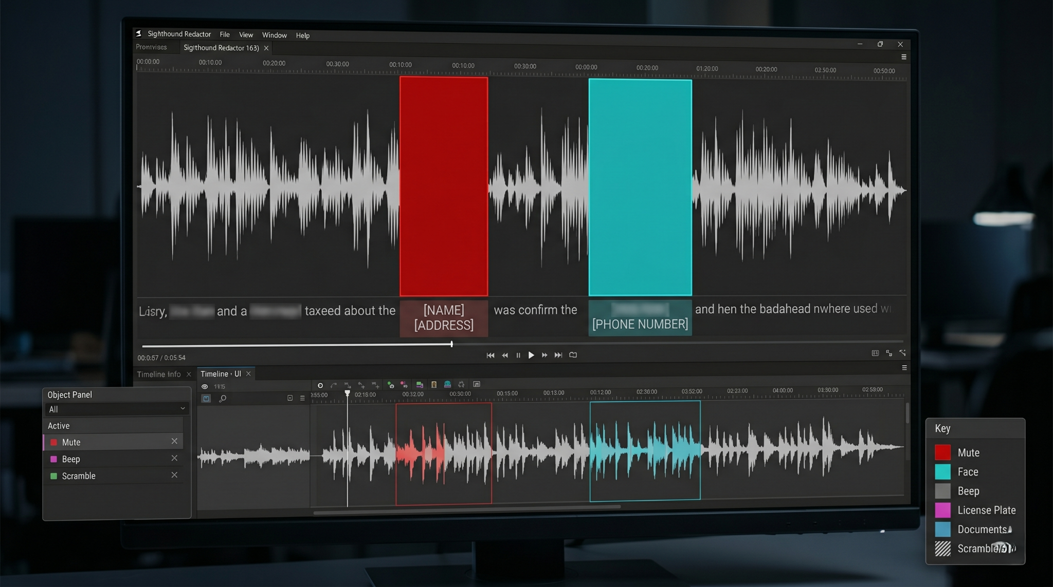 Audio and video redaction software interface highlighting tools to mute, beep, or scramble sensitive information like names and phone numbers in a transcript