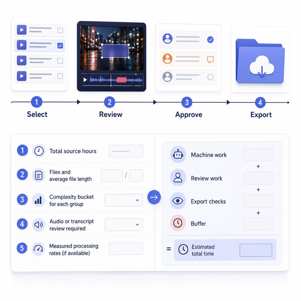 Workflow worksheet for source hours, processing lanes, reviewer time, export checks, and buffer