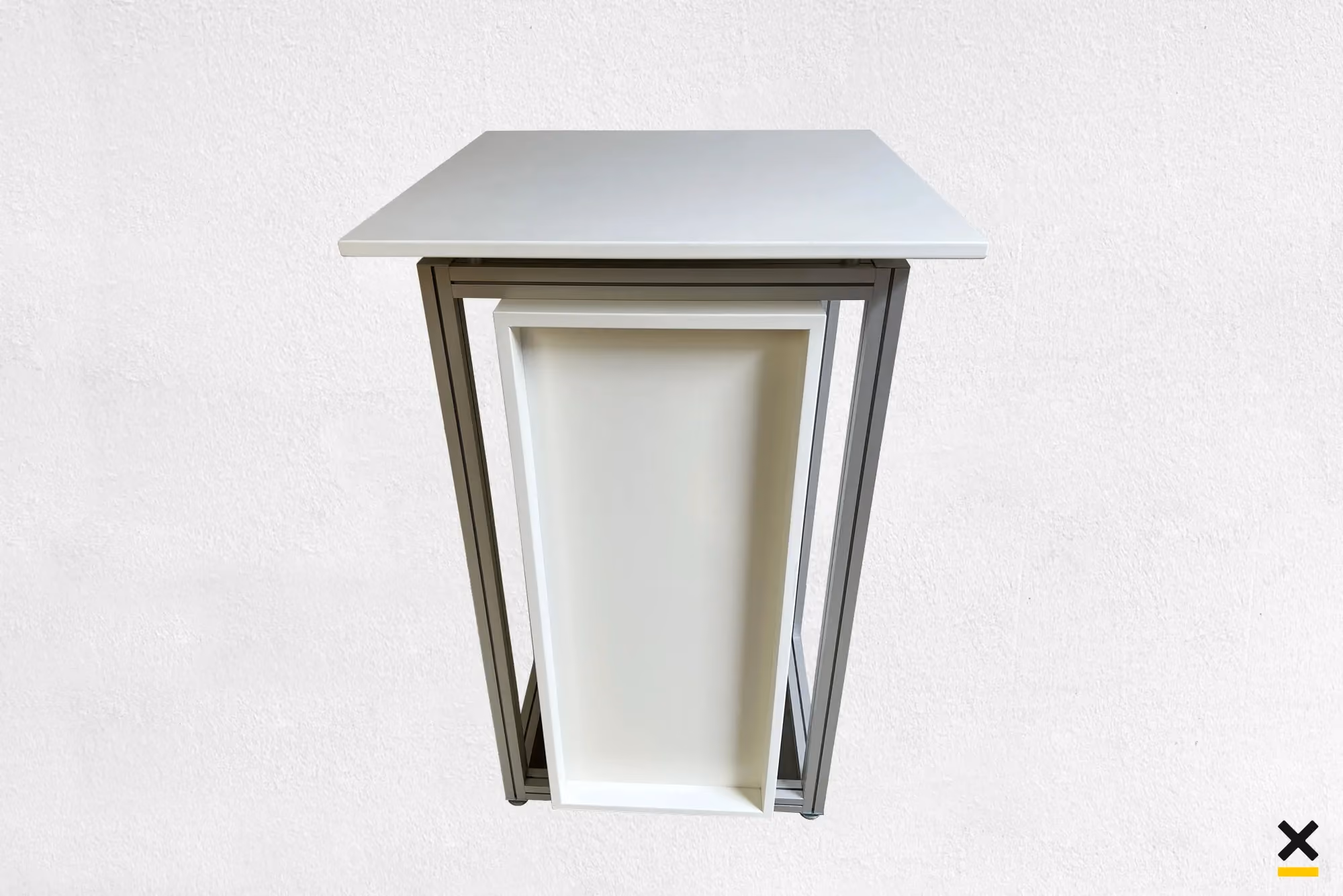White bar table with lockable storage for hire, front view