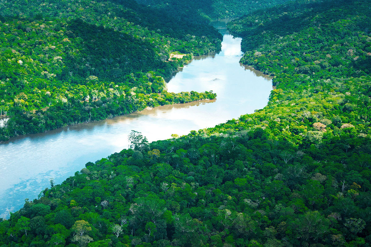 Birdseye view of the Amazon river running through the Jari Valley