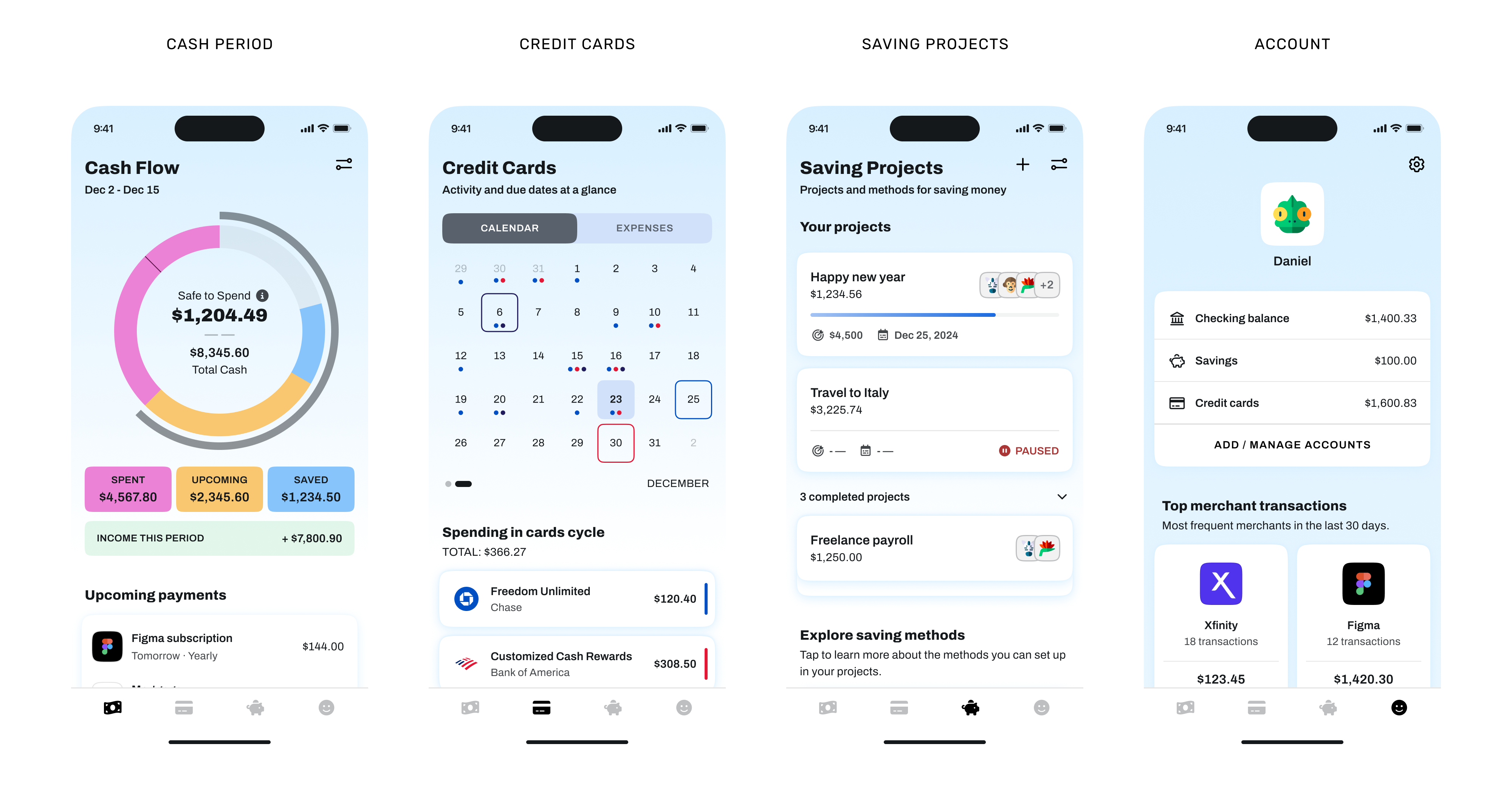 MondayCall mobile experience showing cash flow, credit card activity, saving projects, and account management.