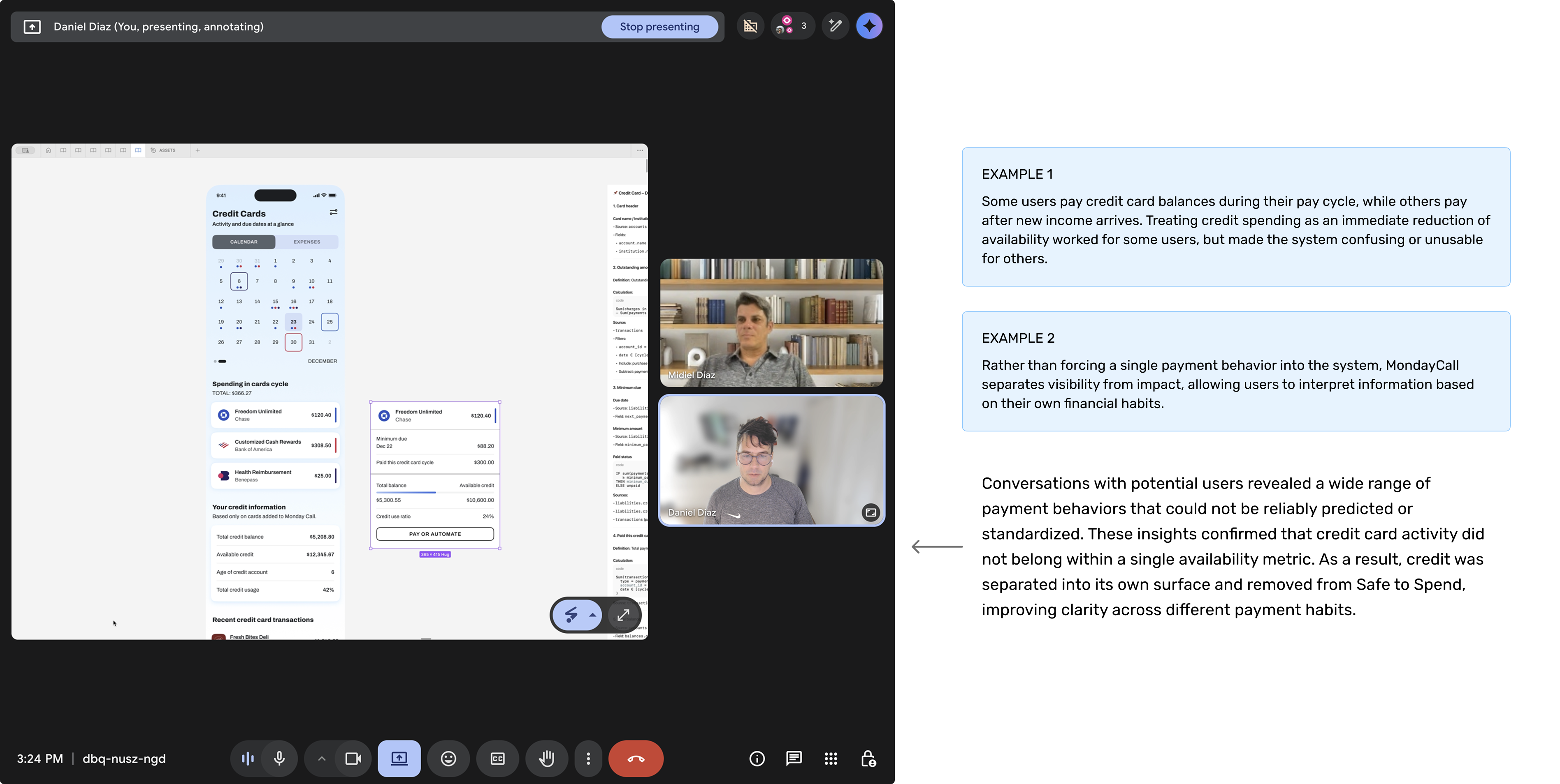MondayCall user research session exploring different credit card payment behaviors and their impact on the Safe to Spend model.