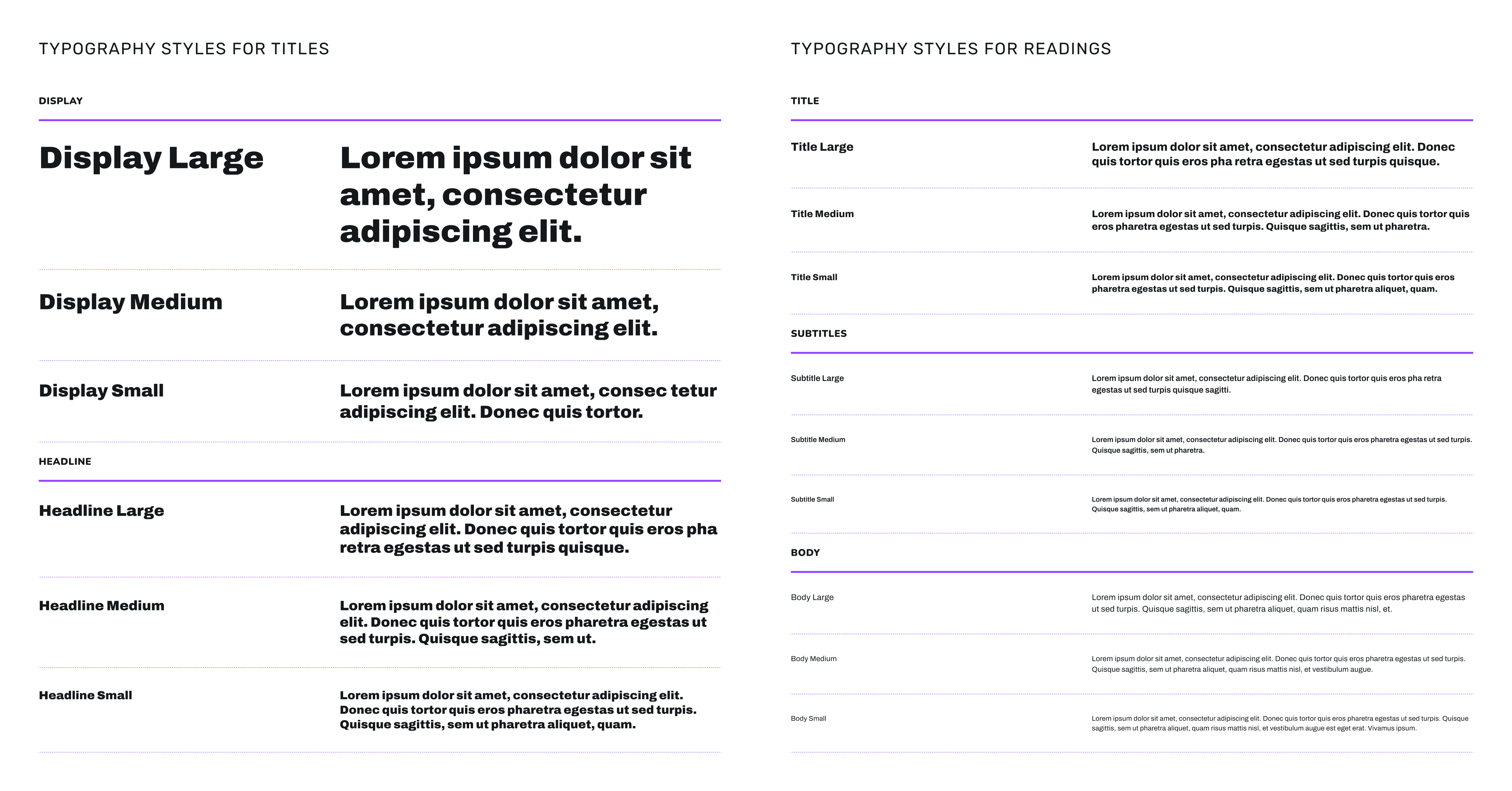 MondayCall typography system showing reusable display, headline, title, subtitle, and body styles structured for consistent hierarchy and readability.