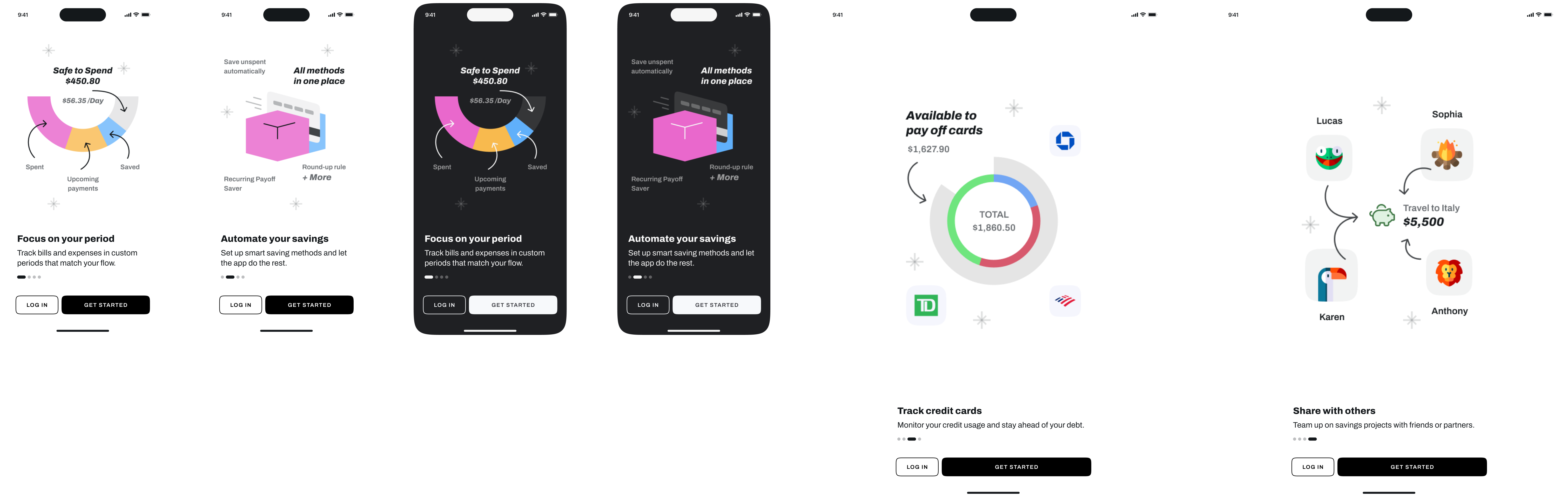 MondayCall onboarding screens shown across mobile light mode, mobile dark mode, and tablet layouts.