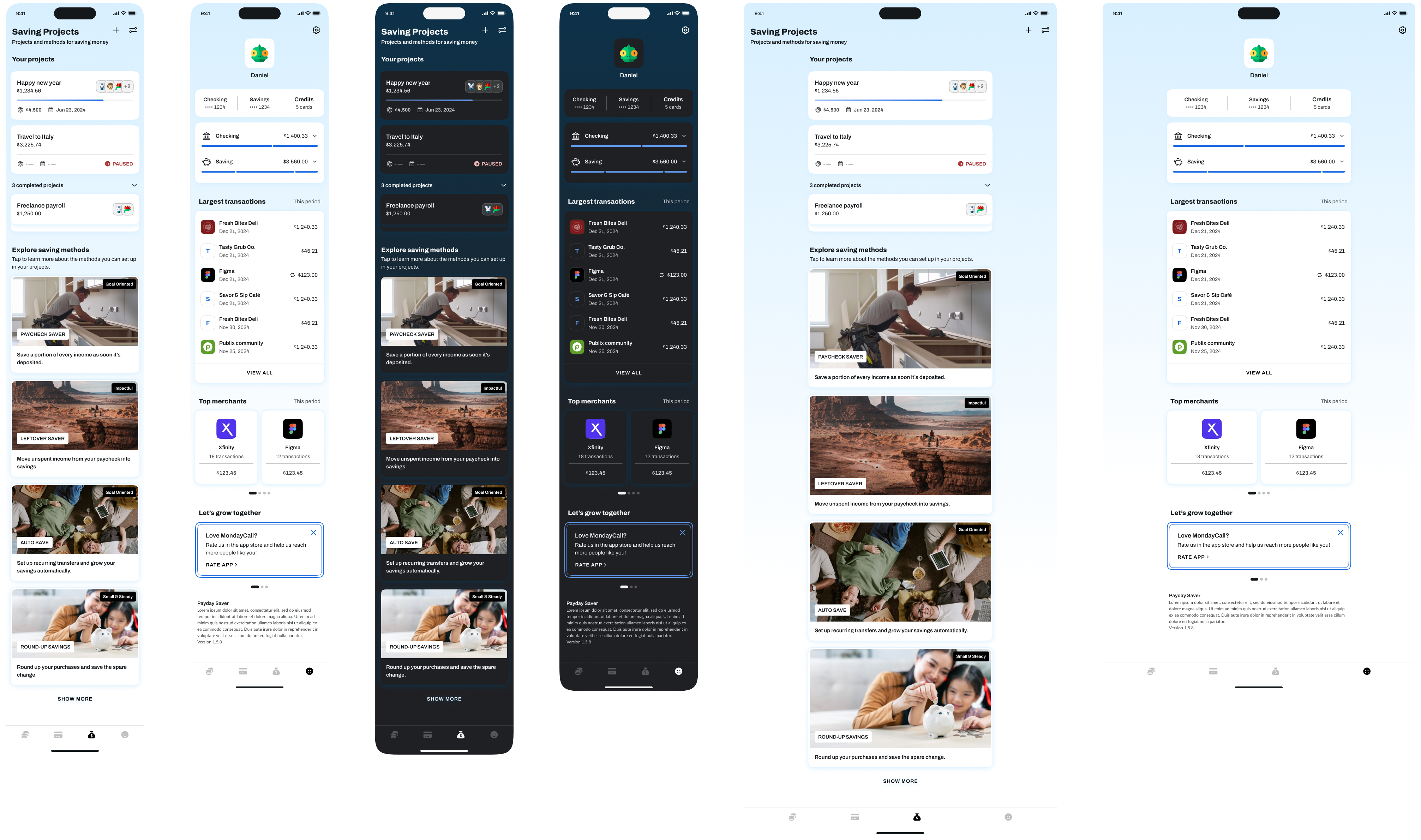 MondayCall Saving Projects and Account screens shown across mobile light mode, mobile dark mode, and tablet layouts.