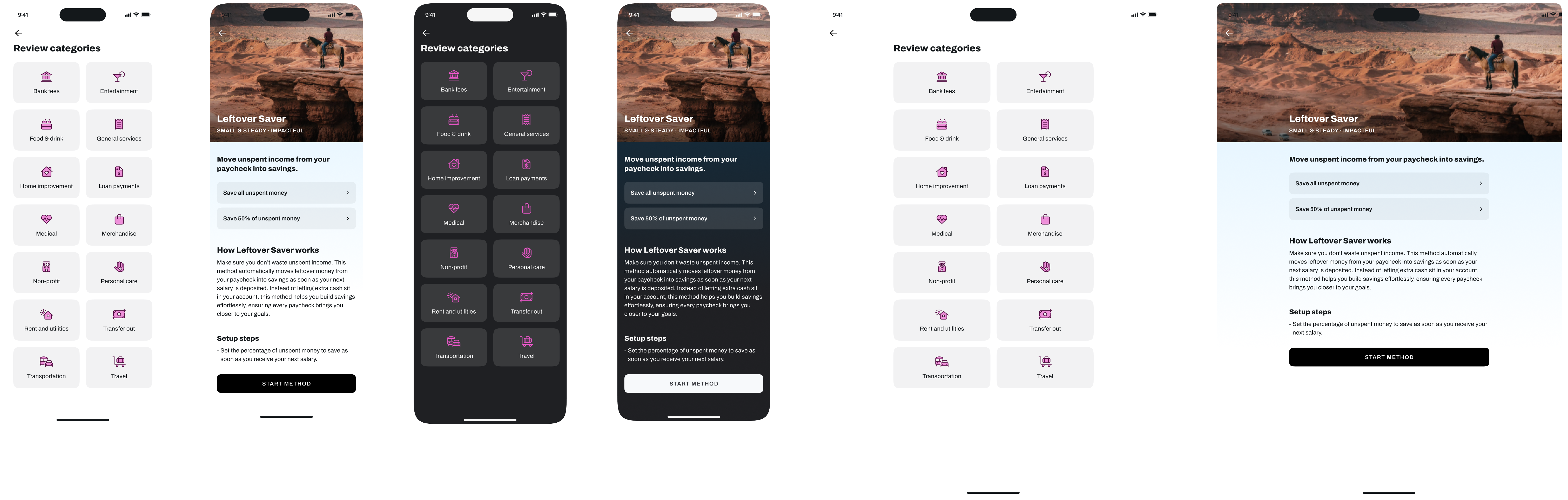 MondayCall Review Categories and Saving Method Details screens shown across mobile light mode, mobile dark mode, and tablet layouts.