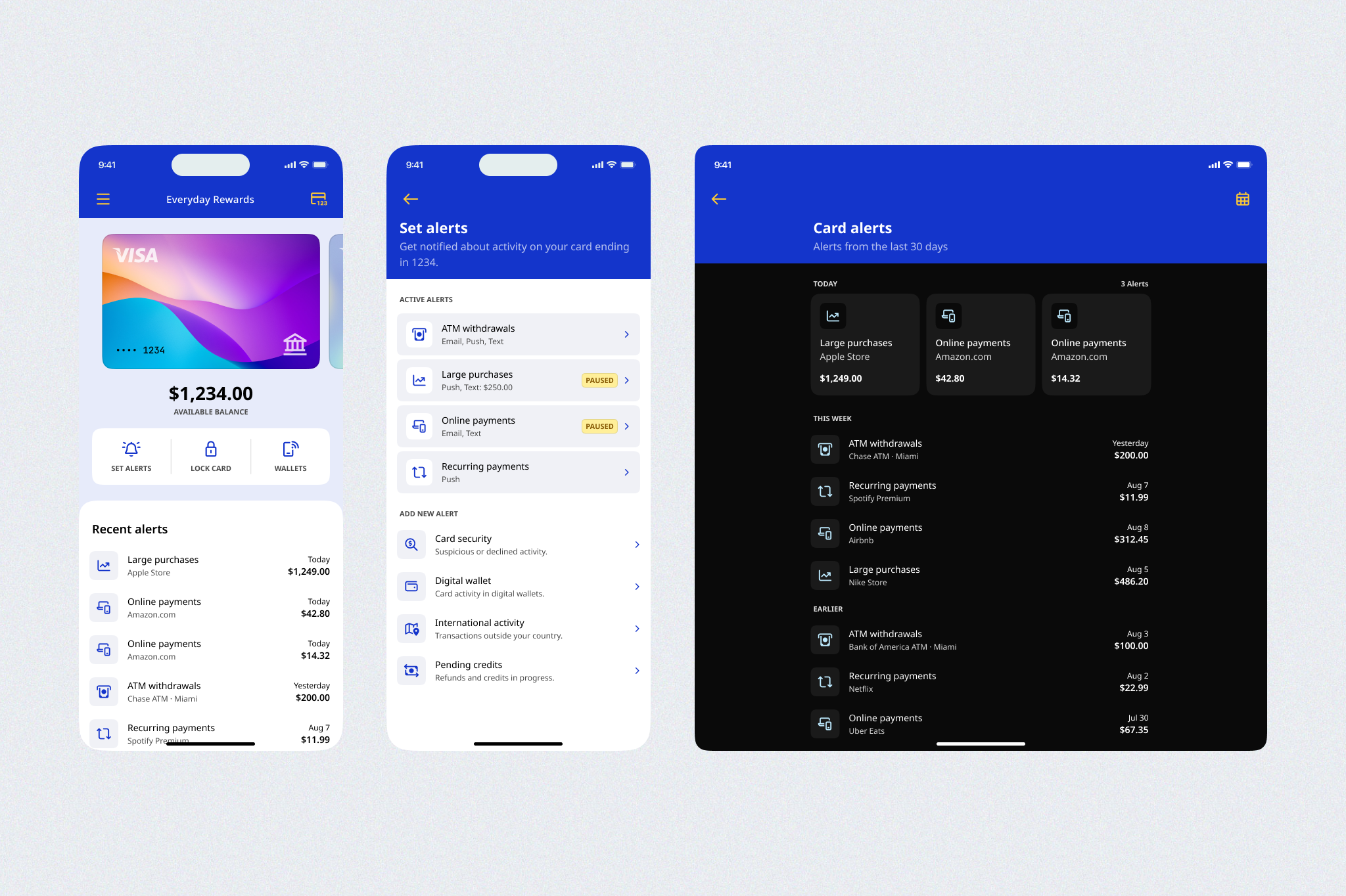 Visa Purchase Alerts mobile app showing card activity, alert settings, and transaction notifications.