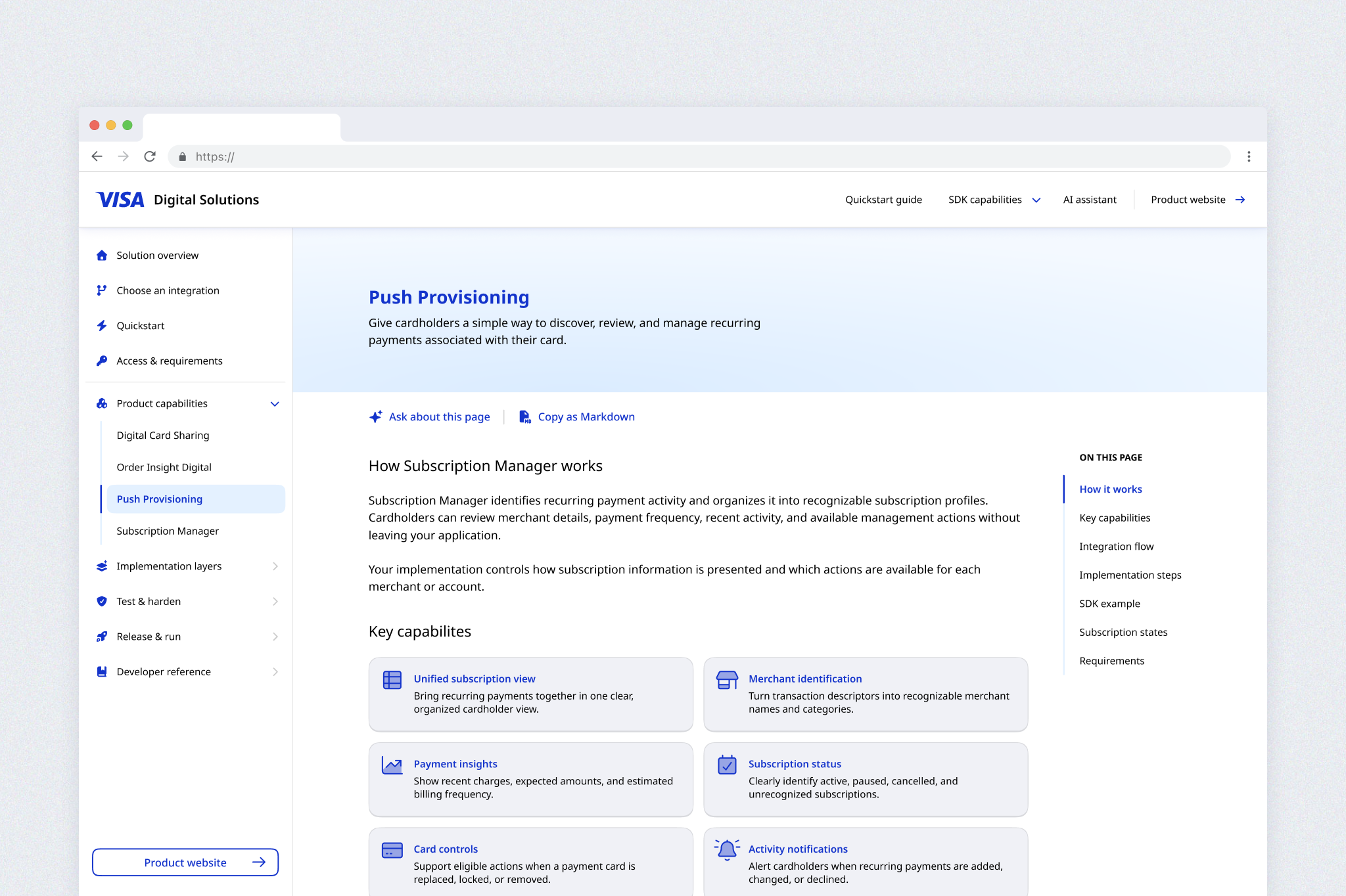 Visa developer documentation interface showing SDK capabilities, navigation, implementation guidance, and product documentation.