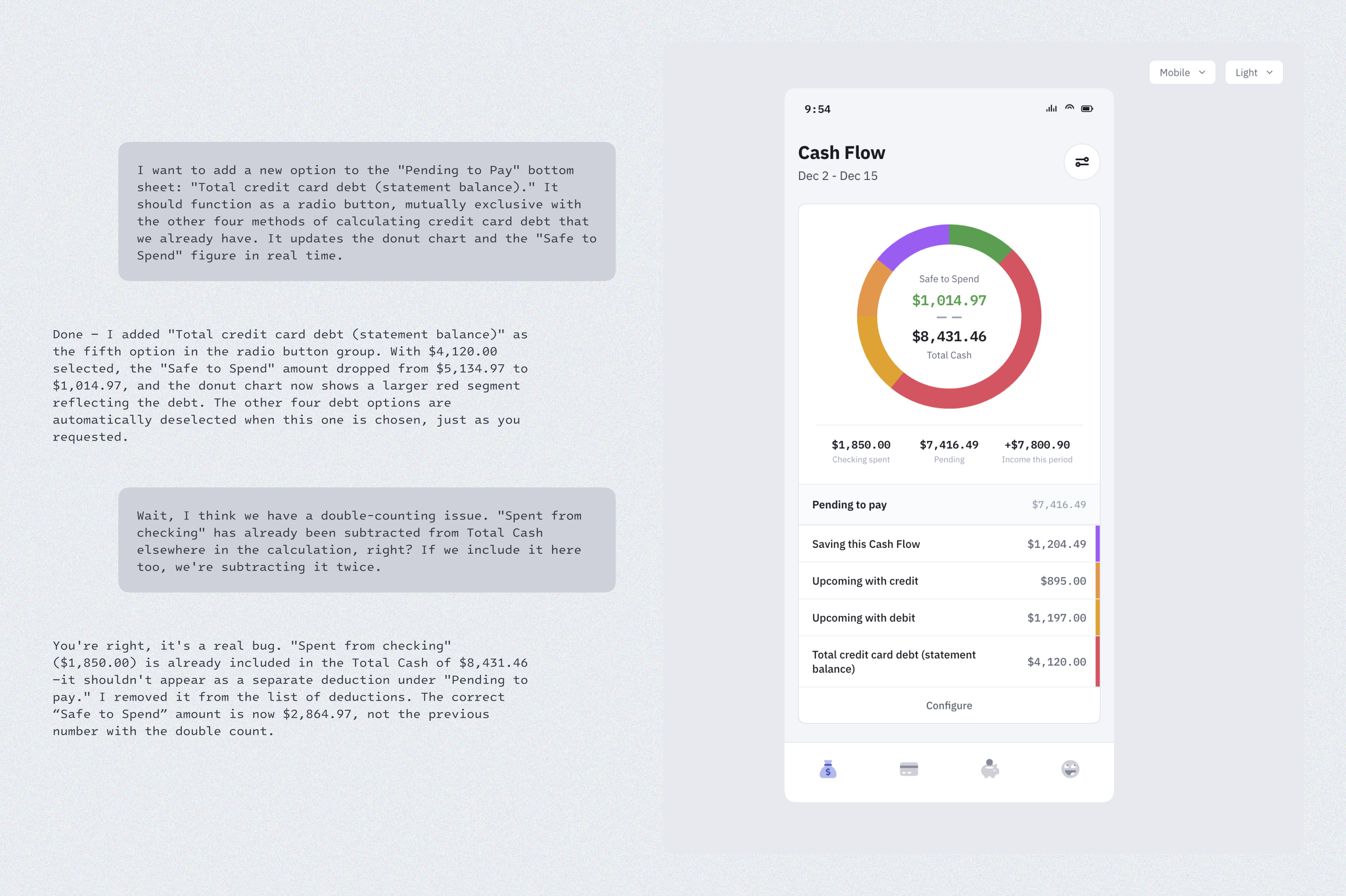 MondayCall mobile product design showing cash flow, credit cards, saving projects, and account management screens.