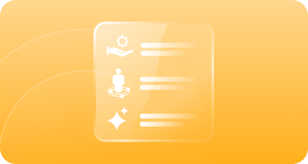 Abstract yellow-orange graphic showing a rounded card with three white icons—a hand with a gear, a person in a target, and an AI sparkle—each with short horizontal lines beside them.
