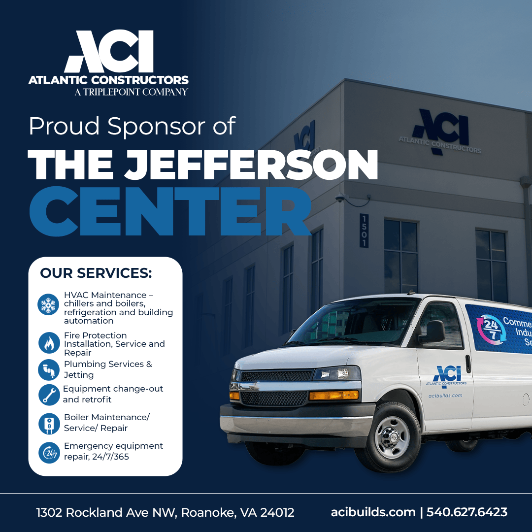 Advertisement for Atlantic Constructors, a TriplePoint Company, sponsoring The Jefferson Center, listing services including HVAC maintenance, fire protection installation and repair, plumbing and jetting, equipment change-out and retrofit, boiler maintenance and repair, and 24/7/365 emergency equipment repair, with contact information and an image of a white company van in front of their office building.