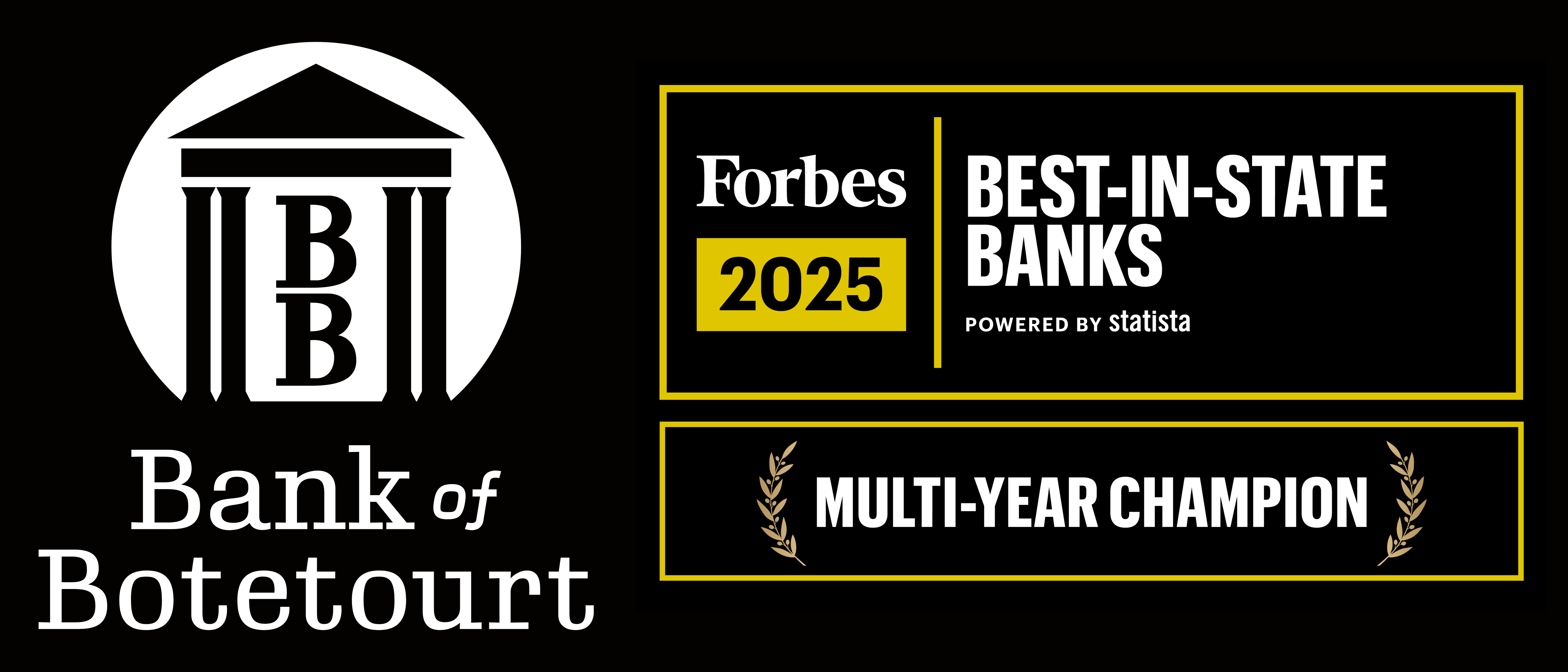 Logo of Bank of Botetourt with a stylized bank building featuring two pillars and the letters 'BB', alongside a Forbes 2025 Best-In-State Banks award badge labeled 'Multi-Year Champion' powered by Statista.