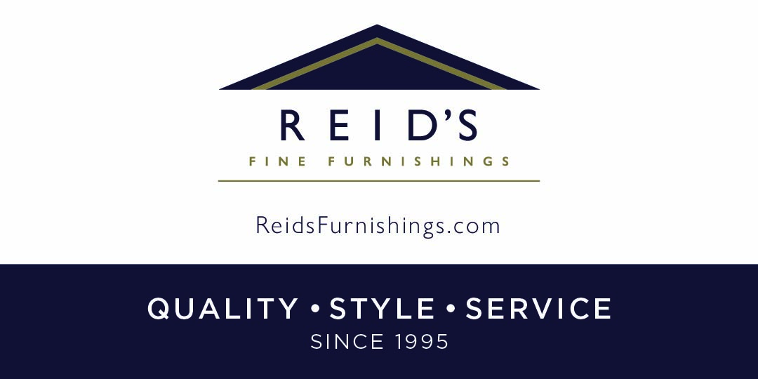 Reid's Fine Furnishings logo with a roof-like graphic above the name, website ReidsFurnishings.com below, and a dark blue banner stating Quality, Style, Service since 1995.