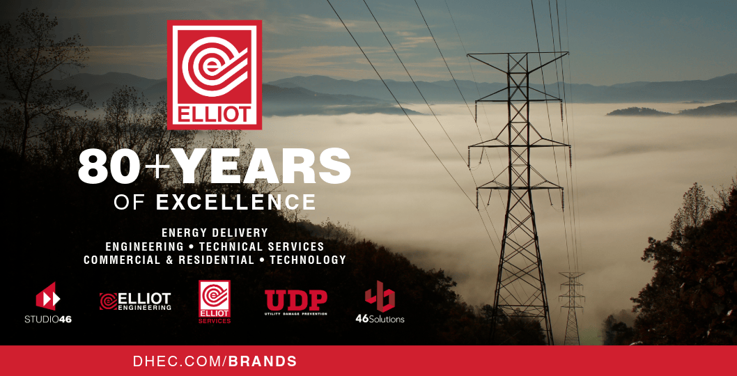 Eliot company ad celebrating over 80 years of excellence in energy delivery, engineering, technical services, commercial and residential technology, with logos for Studio46, Eliot Engineering, Eliot Services, UDP, and 46 Solutions, over a background image of power lines and misty mountains.