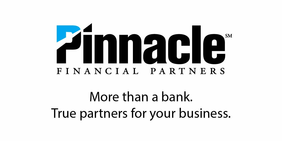Pinnacle Financial Partners logo with blue and black stylized 'P' and text below reading 'More than a bank. True partners for your business.'