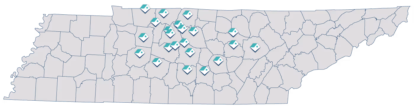 Map of Tennessee showing county boundaries with diamond-shaped green and white markers clustered mostly in the central region.