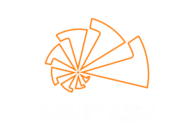 Abstract orange spiral design above the text 'INFINITY RACK' on a black background.