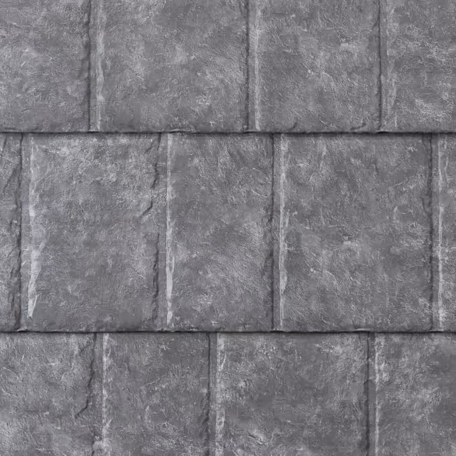 Close-up view of gray slate-patterned metal roofing tiles arranged in staggered horizontal rows.