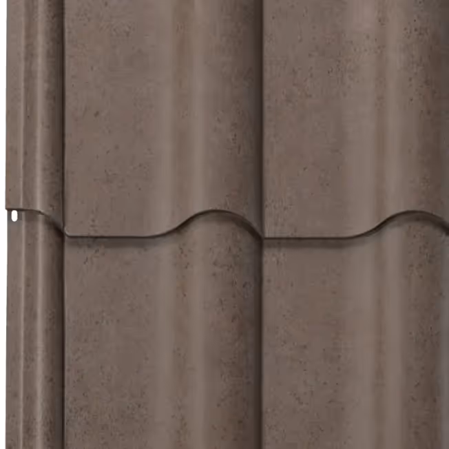 Close-up of mocha-colored metal barrel tile roofing with a textured finish.