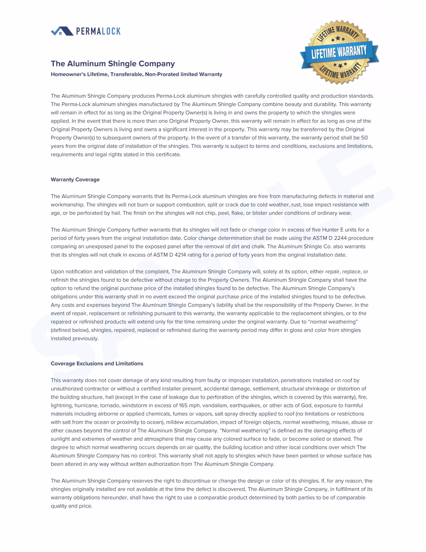 Warranty certificate from The Aluminum Shingle Company for Perma-Lock aluminum shingles detailing lifetime, transferable coverage and terms.