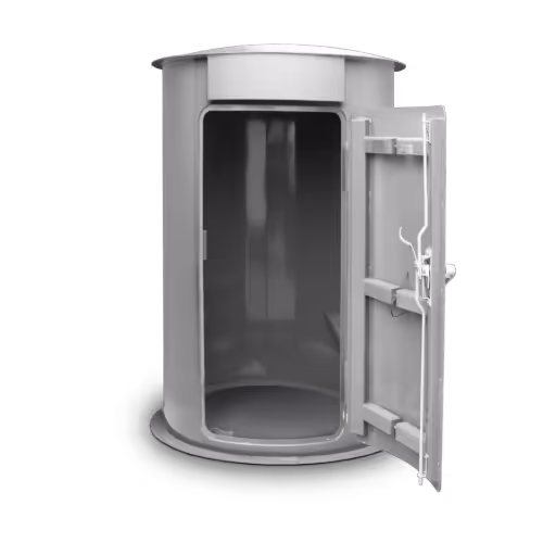 Open cylindrical metal pod with a hinged door revealing an empty interior.