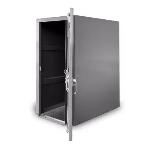 Opened empty metal safe with a heavy door against a black background.