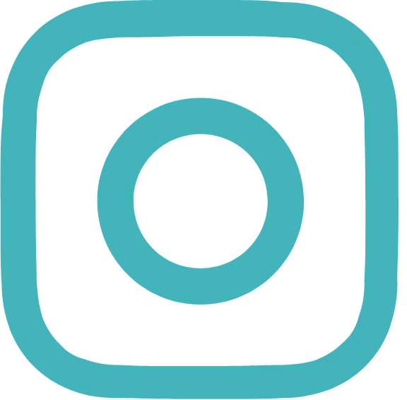 Simplified teal Instagram logo with rounded square and circle in the center on a transparent background.