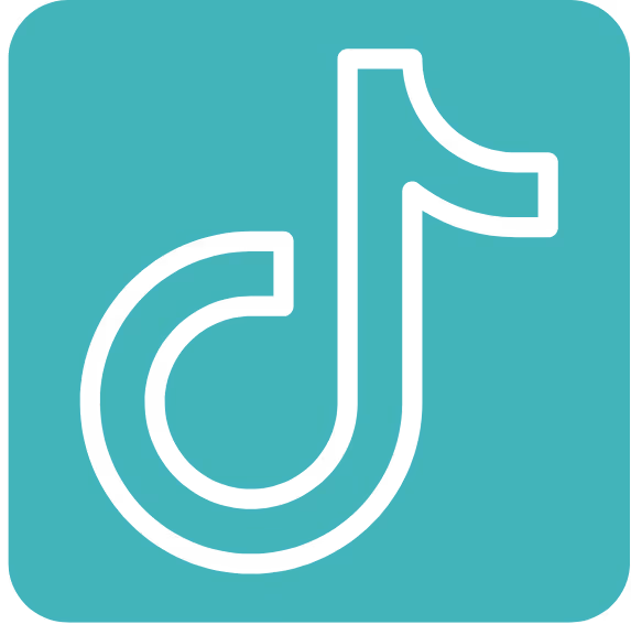 Black outline of the TikTok logo on a teal square background with rounded corners.