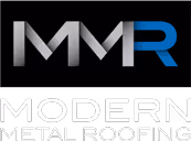 MMR logo with modern metallic letters in gray and blue on a black background and the text Modern Metal Roofing Company below.