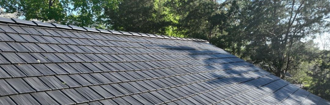 Solar panel array installed on a roof with trees and clear sky in the background.