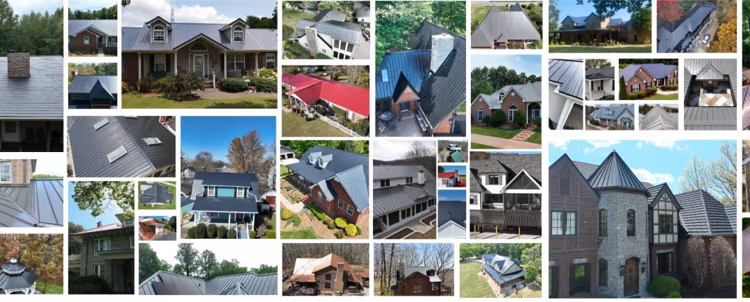 Collage of various homes and buildings featuring different styles of metal roofs in residential and rural settings.