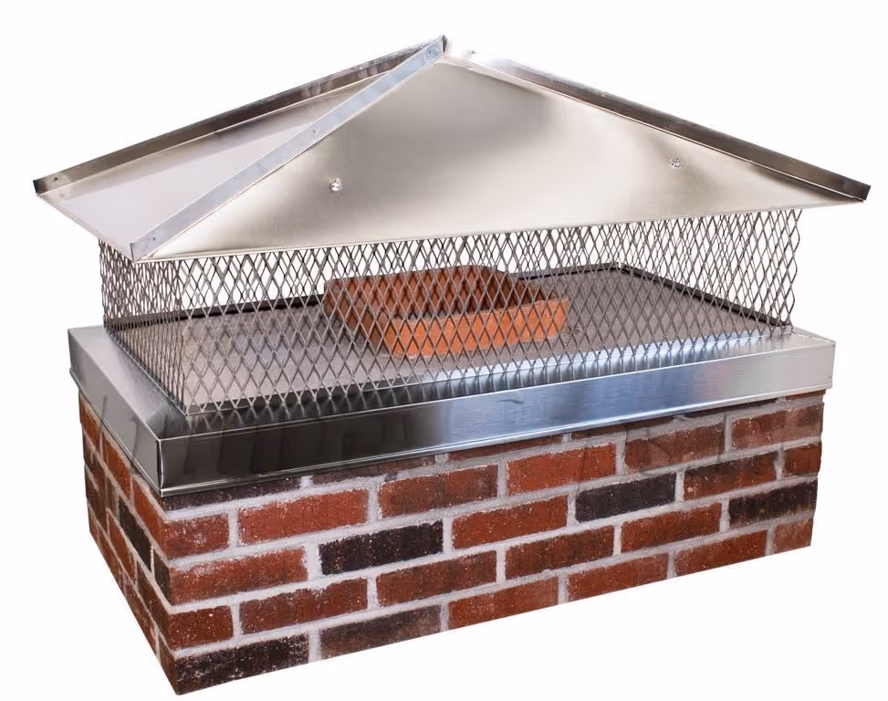 Stainless steel chimney cap with a hip lid and wire mesh installed on a red brick chimney.