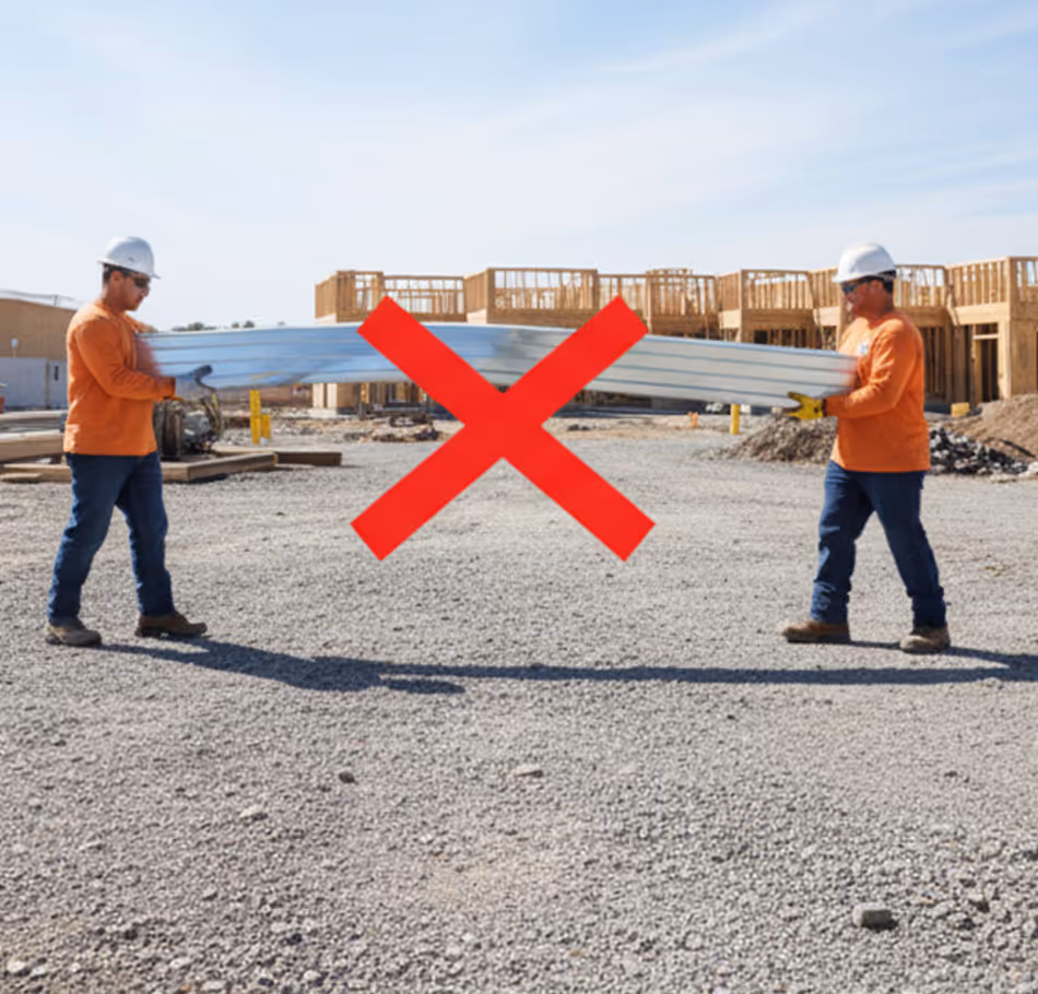 Two construction workers in hard hats carrying a large metal beam incorrectly, marked with a red X.