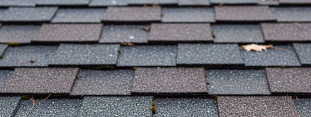 Close-up of layered asphalt roof shingles with some moss and a dry leaf on the surface.