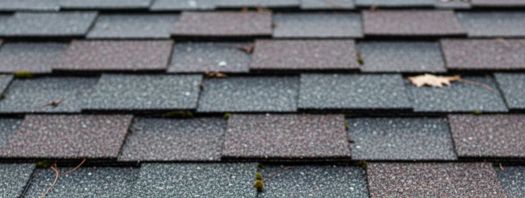 Close-up of layered asphalt roof shingles with some moss and a dry leaf on the surface.