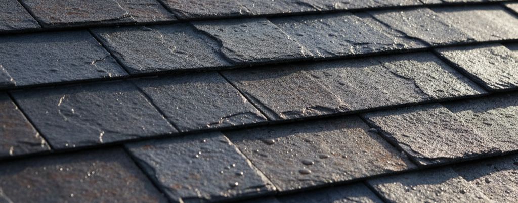 Close-up view of dark gray slate roof shingles with textured surfaces and water droplets.