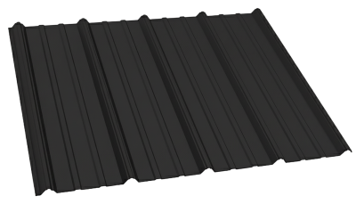 Black corrugated metal roofing panel with vertical ridges.